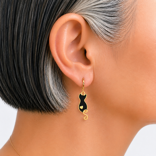 Golden Heart Tail Cat Drop Earrings