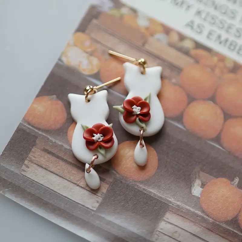 Floral Feline Polymer Clay Drop Earrings