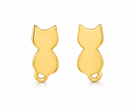 Gold cat-shaped earrings on a white background