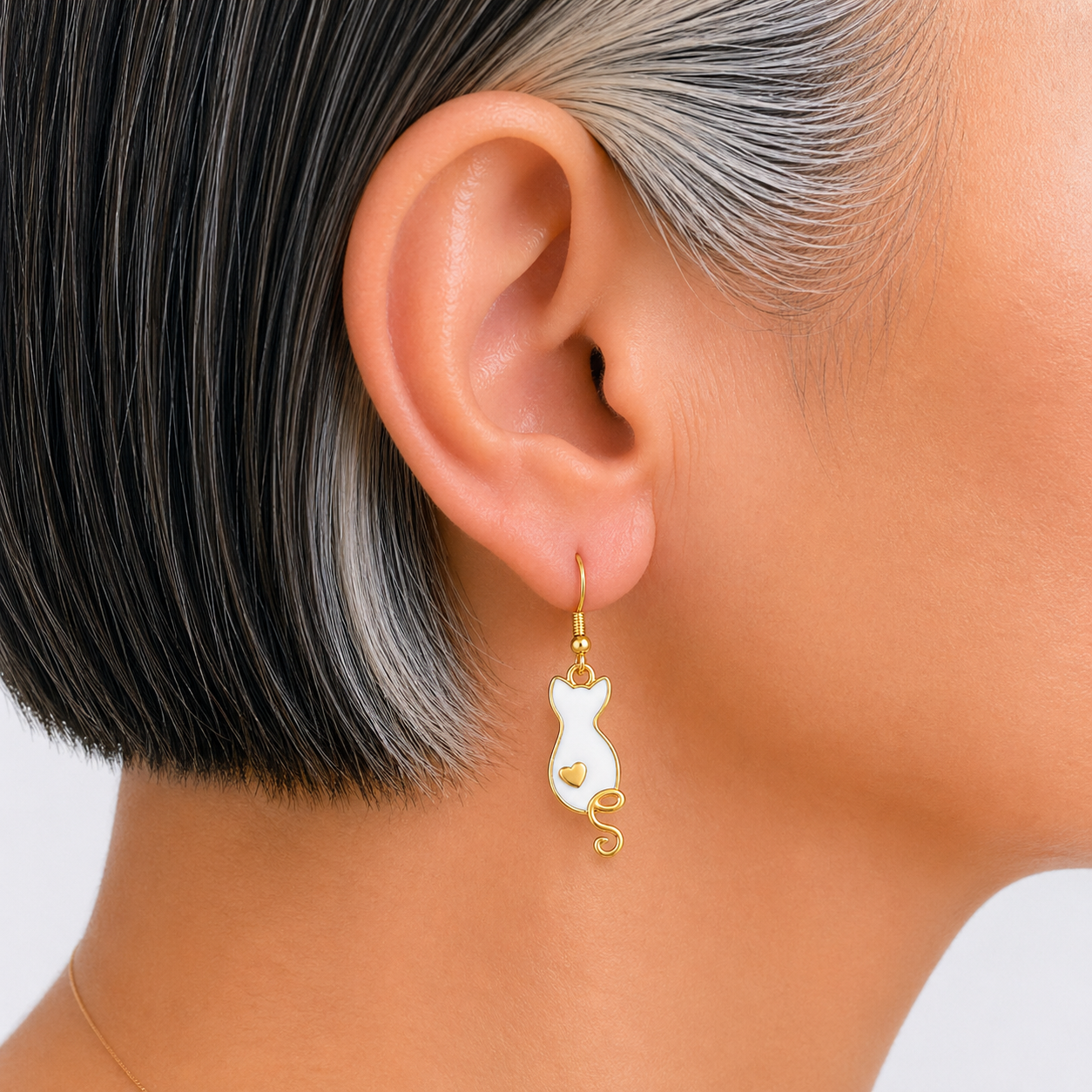 Golden Heart Tail Cat Drop Earrings