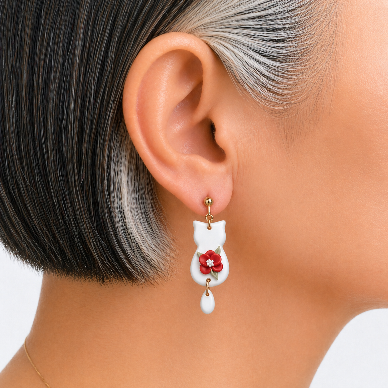 Floral Feline Polymer Clay Drop Earrings