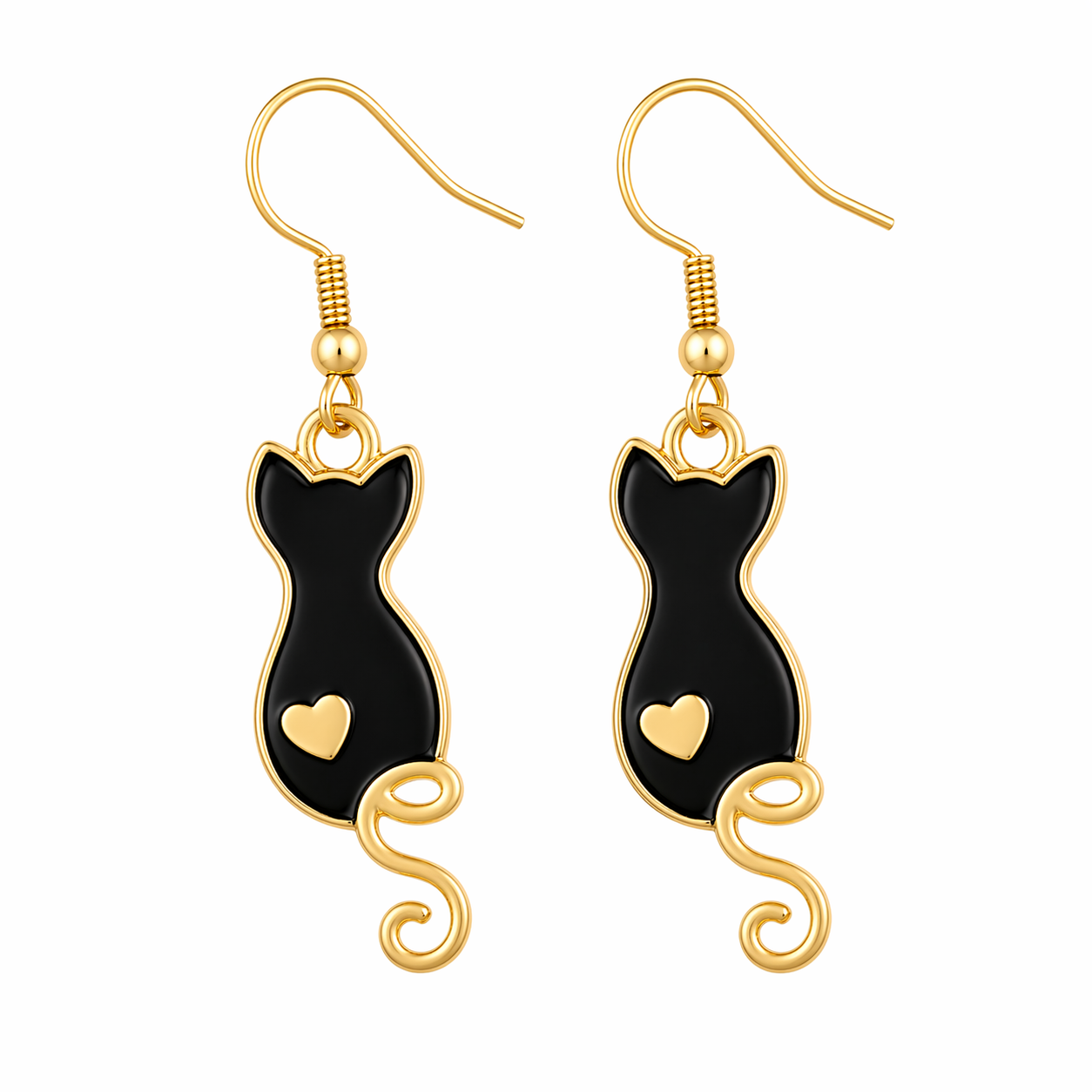 Golden Heart Tail Cat Drop Earrings