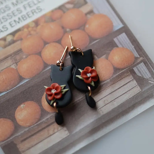 Floral Feline Polymer Clay Drop Earrings