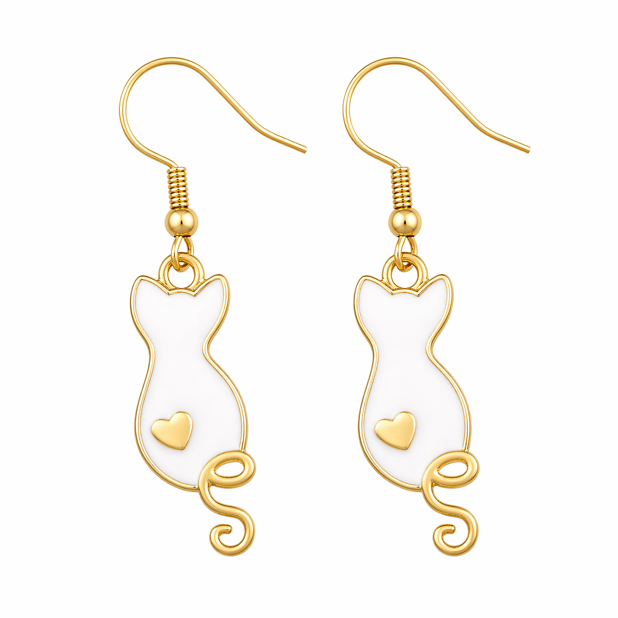 Golden Heart Tail Cat Drop Earrings