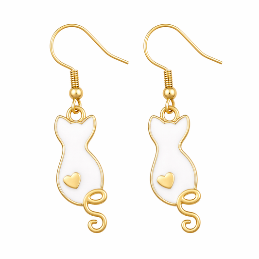 Golden Heart Tail Cat Drop Earrings