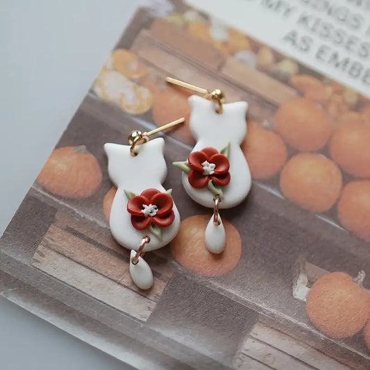 Floral Feline Polymer Clay Drop Earrings