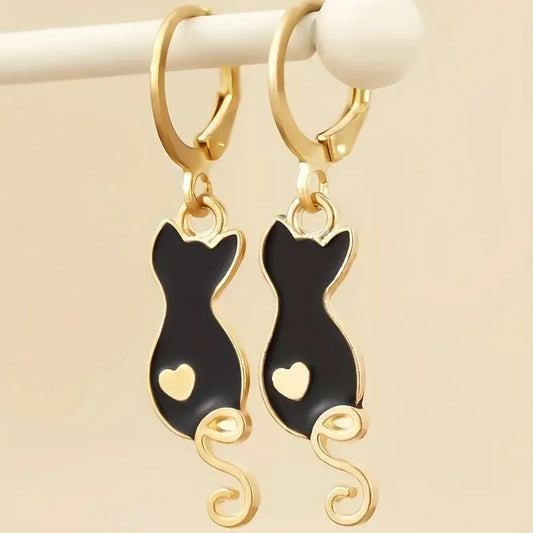 Golden Heart Tail Cat Drop Earrings
