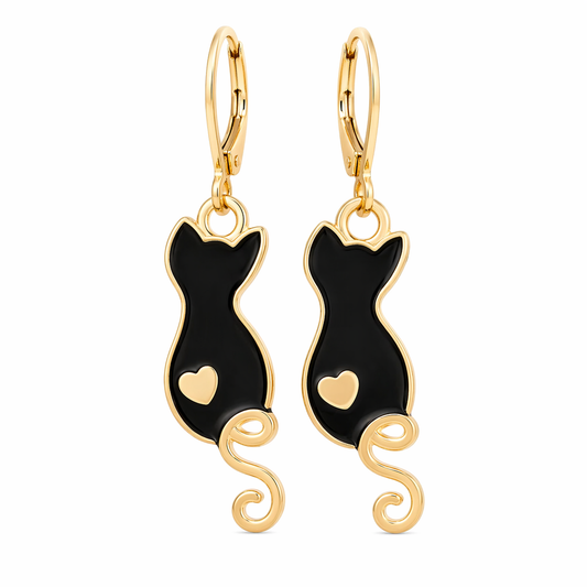 Golden Heart Tail Cat Drop Earrings