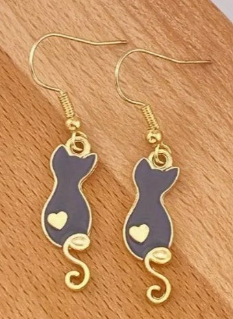 Golden Heart Tail Cat Drop Earrings