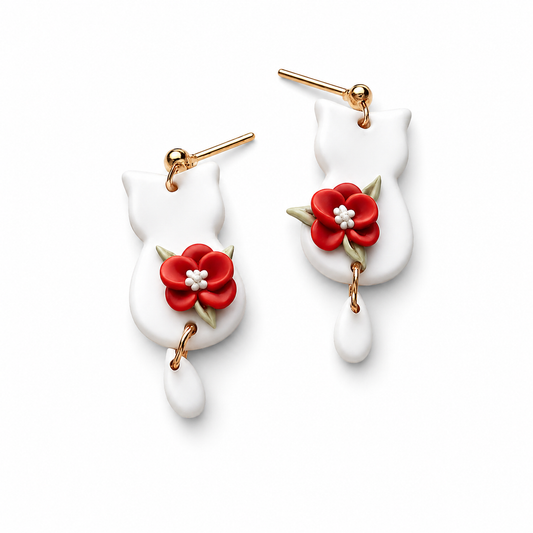Floral Feline Polymer Clay Drop Earrings