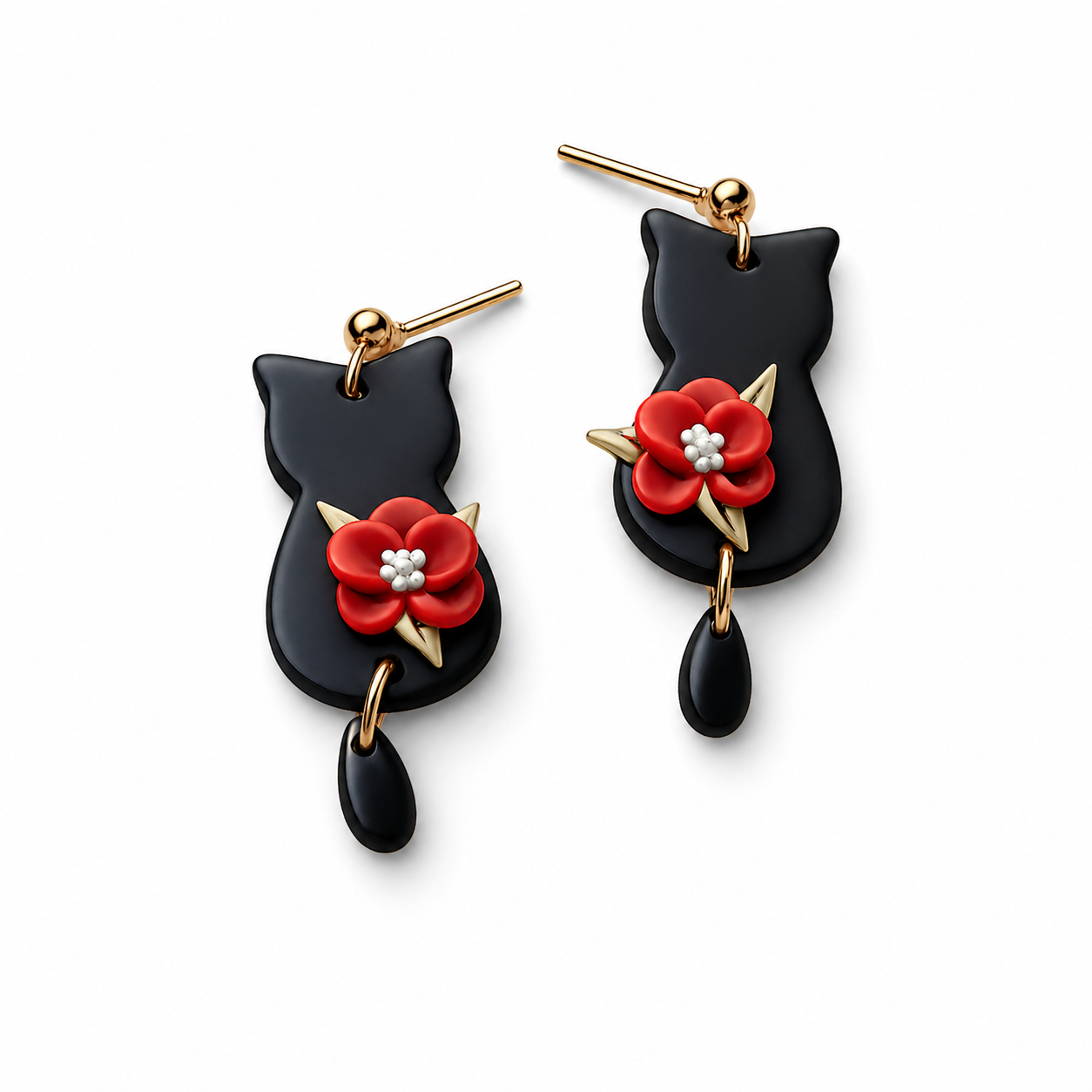 Floral Feline Polymer Clay Drop Earrings